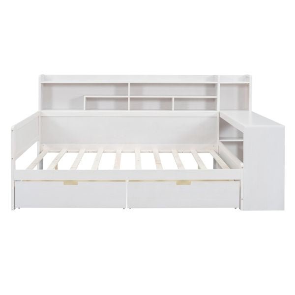 antique white wooden full size daybed with storage shelves and study desk multi functional upholstered bed with two drawers