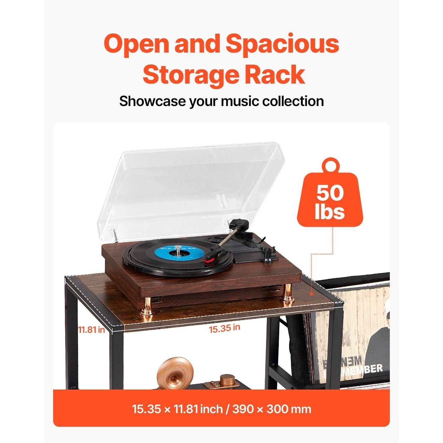 3 tiers black metal record player stand with led light & usb ports vinyl cd racks