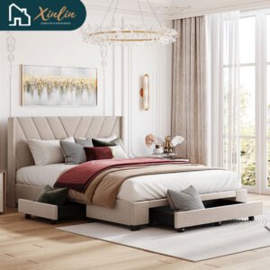 free shipping us warehouse queen size storage bed linen upholstered platform bed with 3 drawers bedroom bed