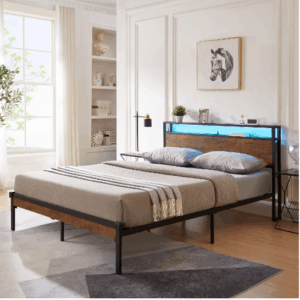 fcj full size metal platform bed frame with wooden headboard and footboard enhanced comfort and style with usb liner features