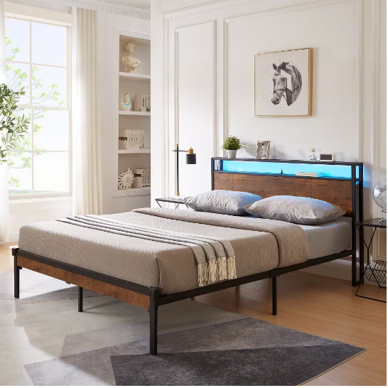 fcj full size metal platform bed frame with wooden headboard and footboard enhanced comfort and style with usb liner features
