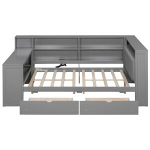 wood full size platform bed with storage shelves drawers charging station led desk and upholstered headboard in grey color