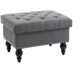 25" grey button tufted fabric storage ottoman with removable lid wood legs bench comfortable footrest seat