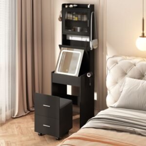 black mini corner vanity set with led lights charging station & storage shelves for small spaces makeup vanities for bedroom