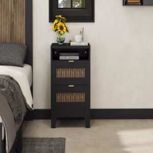 2 drawer black farmhouse nightstand with wooden strip decoration metal handle wood side table for bedroom storage cabinet