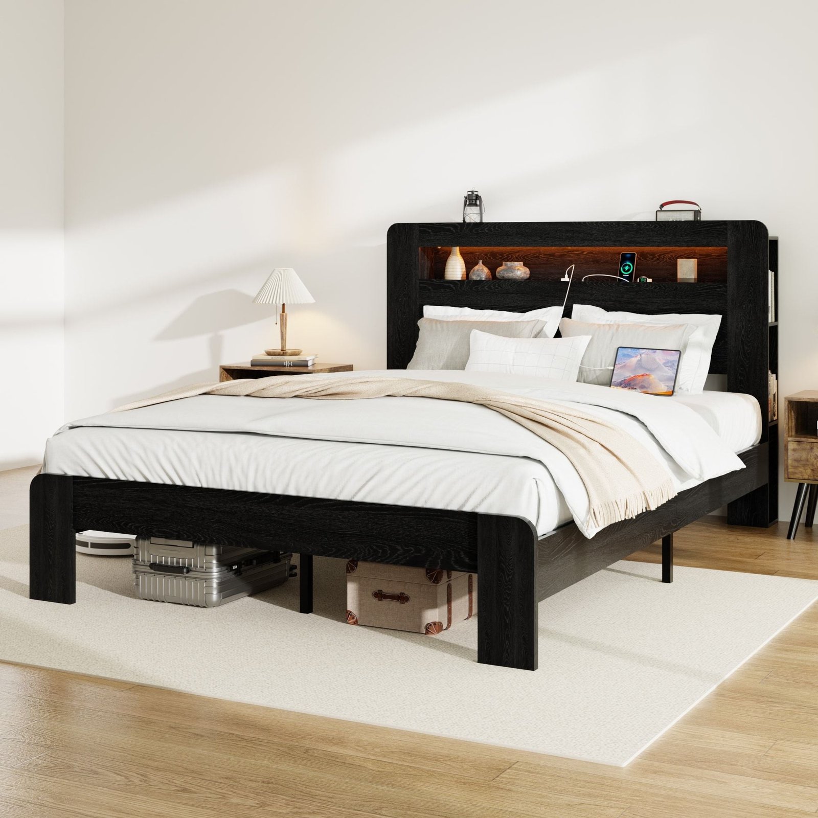 dark black queen size wood platform bed frame led light headboard usb ports no box spring needed easy assembly large storage