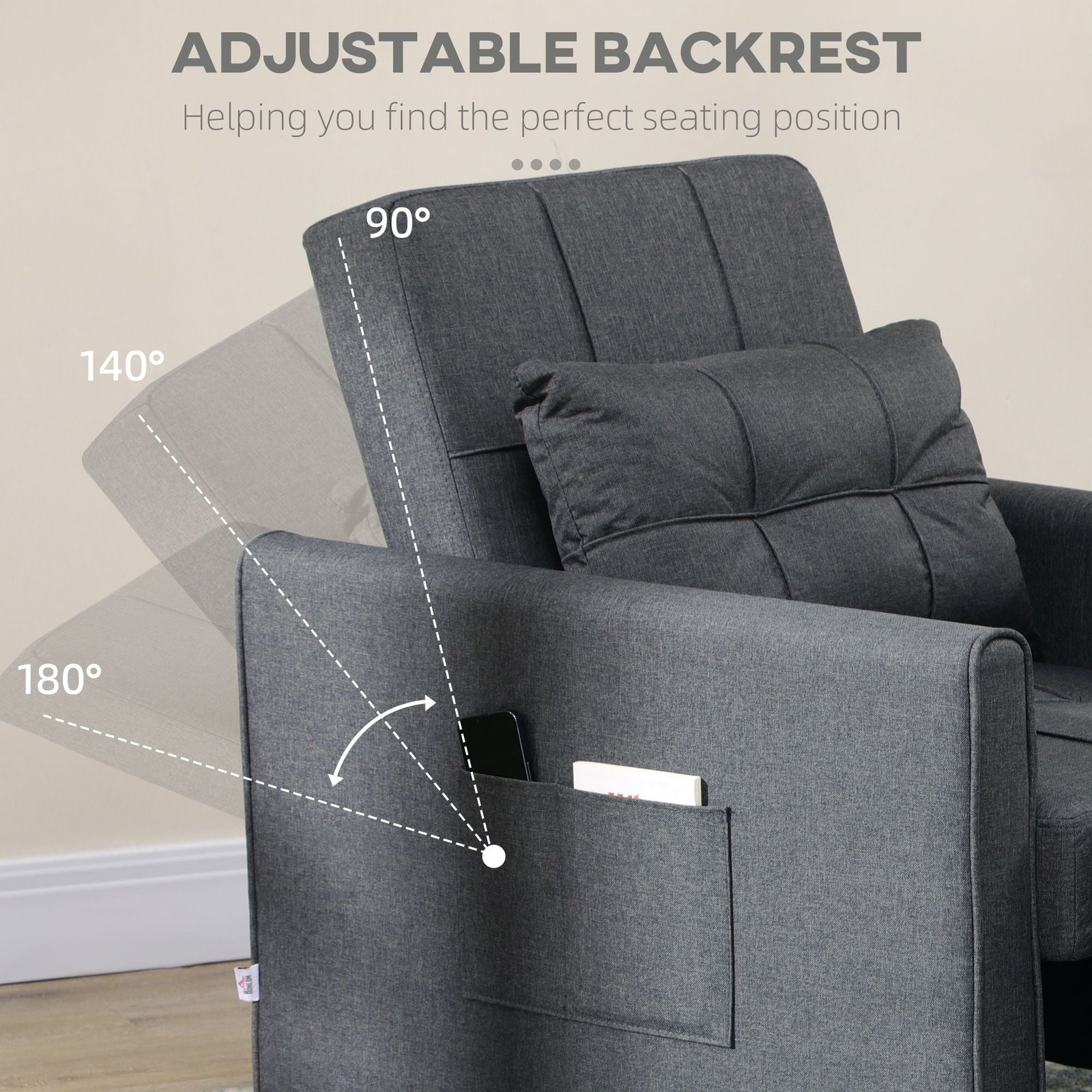 3 in 1 gray sofa bed with pillow pockets adjustable backrest foldable lounge chairs three position feature