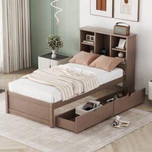fcj modern twin size bed frame tufted design bookcase headboard 2 drawers built in usb port walnut color featuring storage space