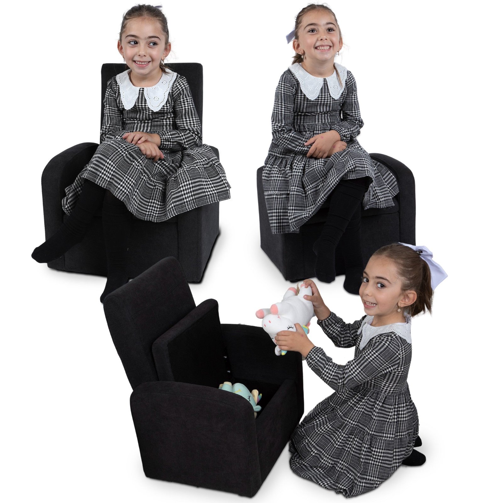 hms kids comfortable black upholstered recliner chair with storage for living room