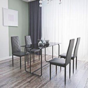 1 piece rectangle dining table with metal frame, tempered glass dining table for kitchen room, black