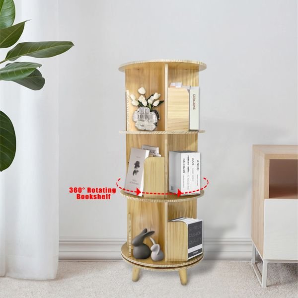 3 layer 360 rotation pine wood bookcase display rack and bookshelf