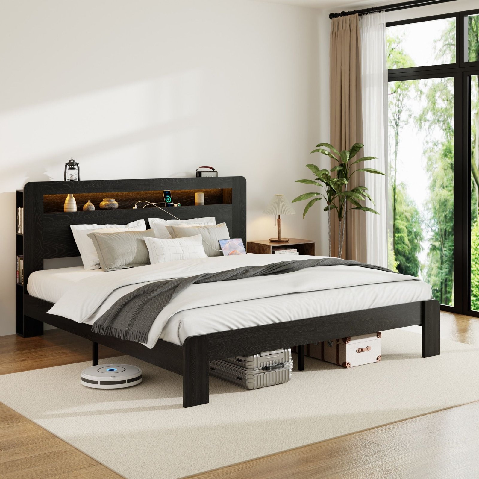 dark black king size wood platform bed frame led headboard noise free 2 usb storage no box spring needed easy assembly tool