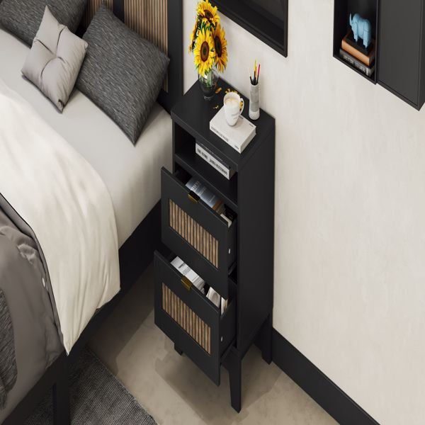 2 drawer black farmhouse nightstand with wooden strip decoration metal handle wood side table for bedroom storage cabinet