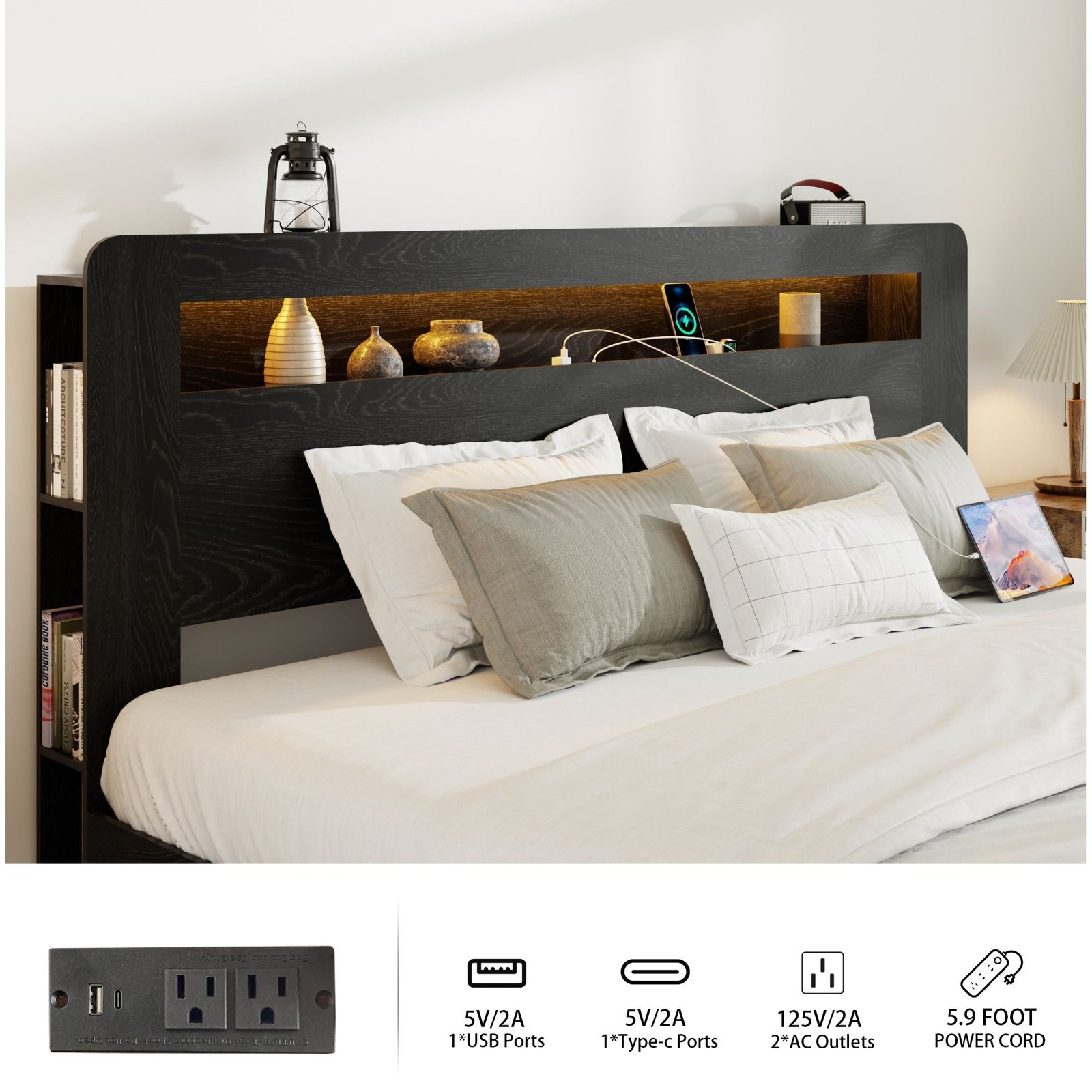 dark black queen size wood platform bed frame led light headboard usb ports no box spring needed easy assembly large storage