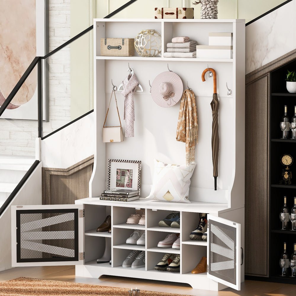 43.3'' entryway bench with coat rack, 3 in 1 design and adjustable shelves, hall tree with 7 hooks for entrance, living room