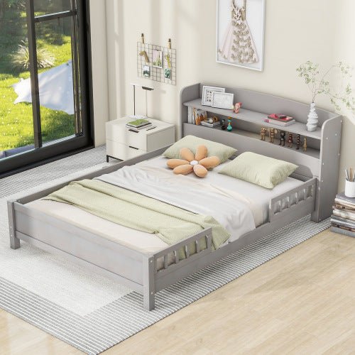 fcj elegant minimalist antigue grey wood full size platform bed tufted design built in led light storage headboard guardrail
