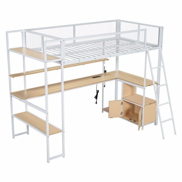 white twin size metal loft bed with built in work station & led multiple storage for home or office