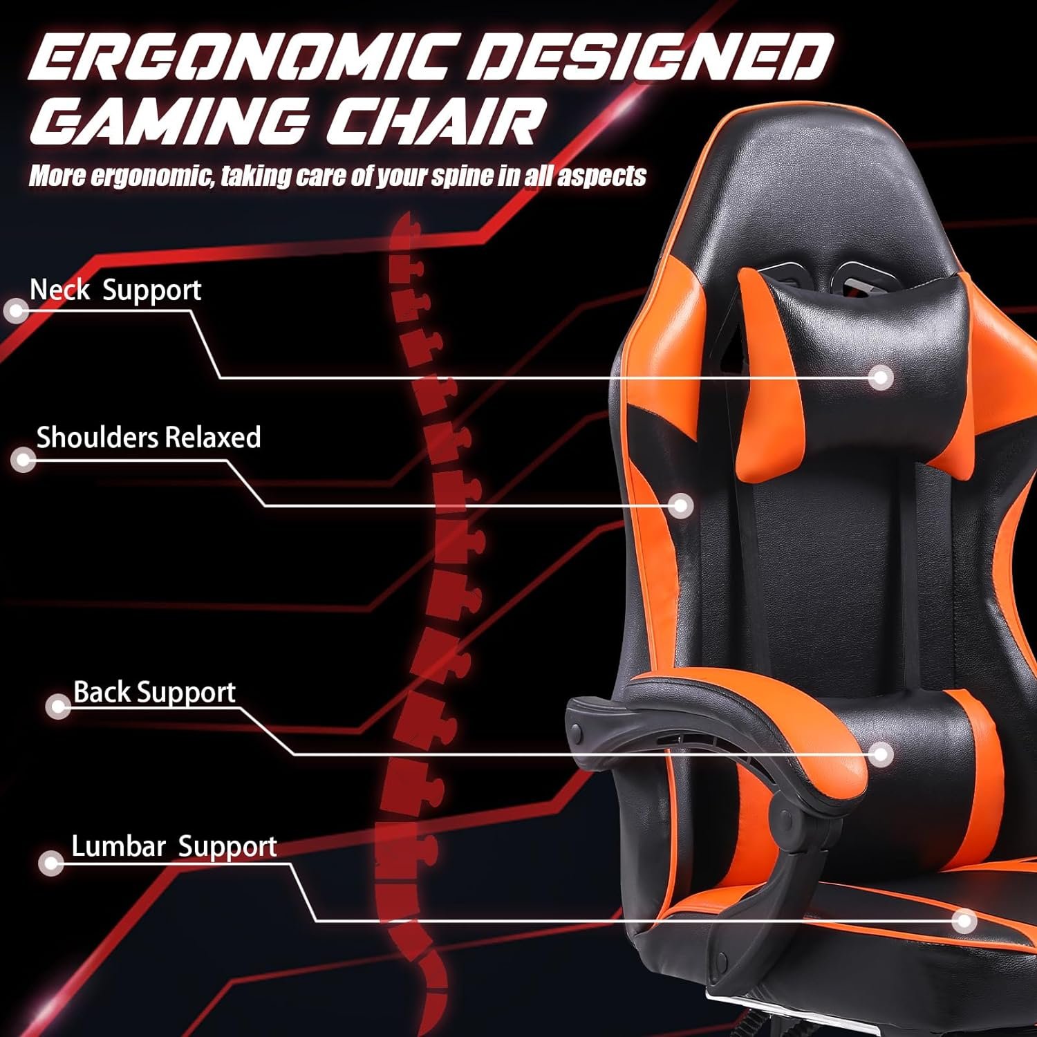 adjustable orange lift gaming chair with revolving feature synthetic leather material stainless steel lumbar pillow footrest