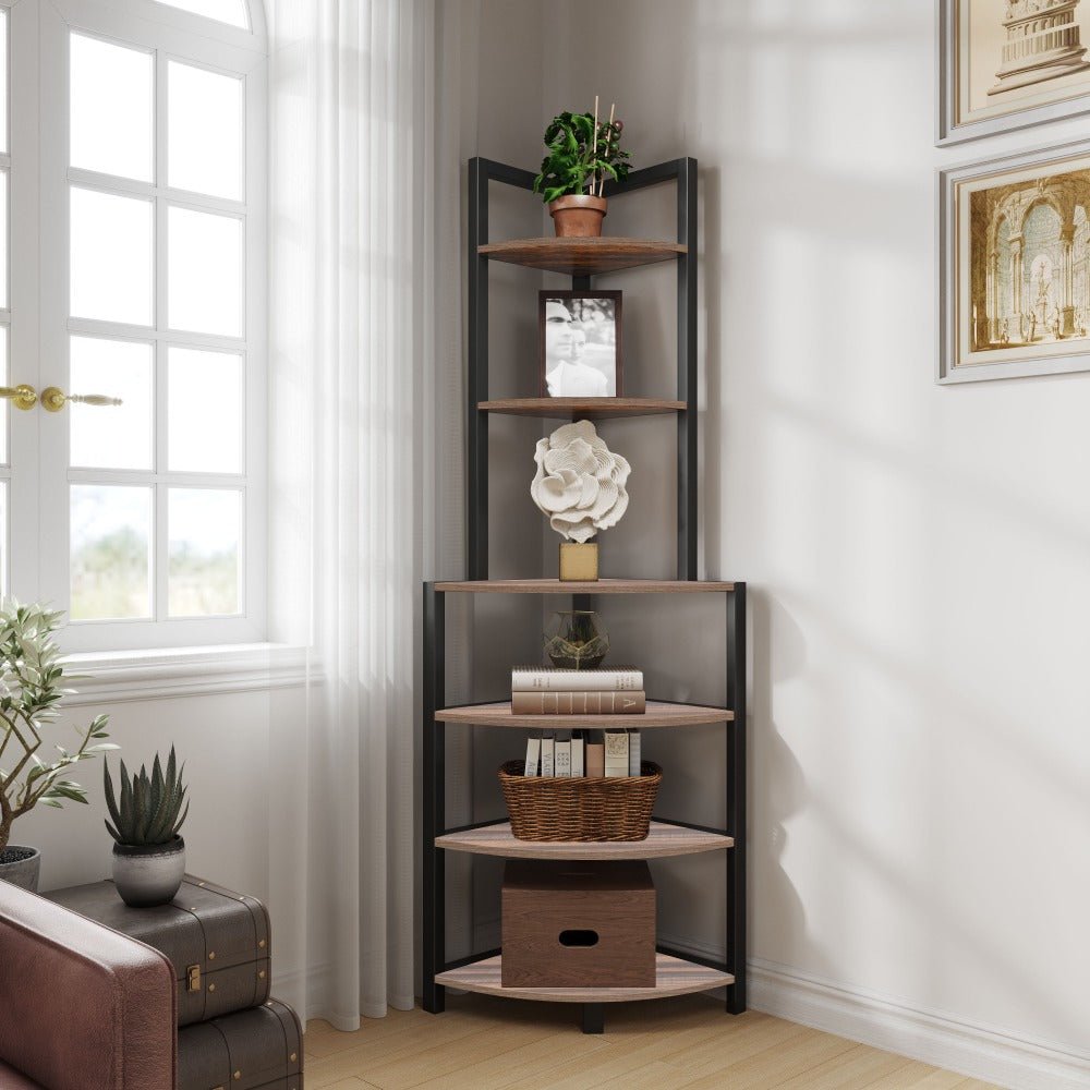 6 tier corner open shelf modern bookcase wood rack freestanding shelving unit,plant album trinket sturdy stand small bookshelf