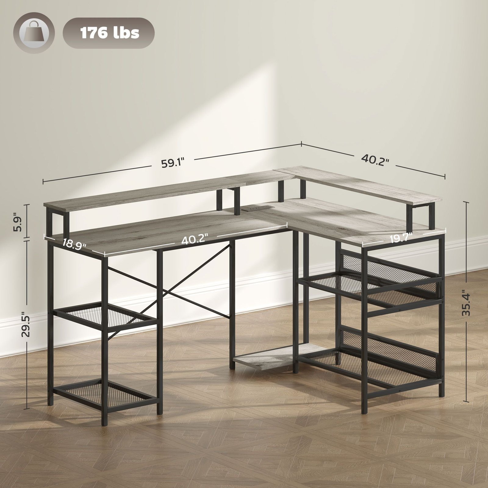 59" gray l shaped desk for home office for small spaces with led lights power outlets storage for gaming
