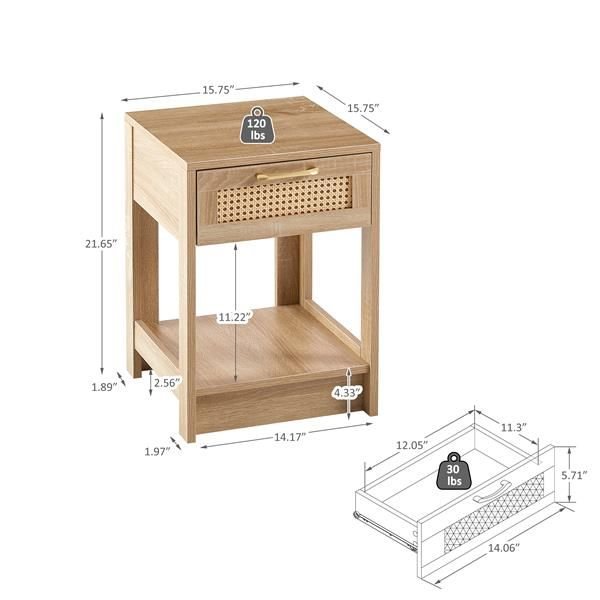 15.75" modern rattan end table with drawer nightstand for bedroom or living room natural