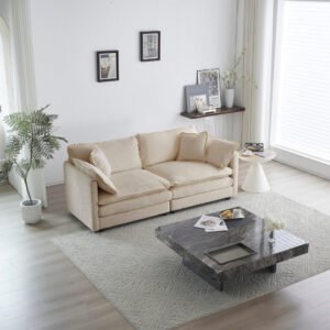 modern fabric loveseat sofa couch for living room, upholstered large size deep seat 2 seat sofa with 4 pillows ,beige chenille