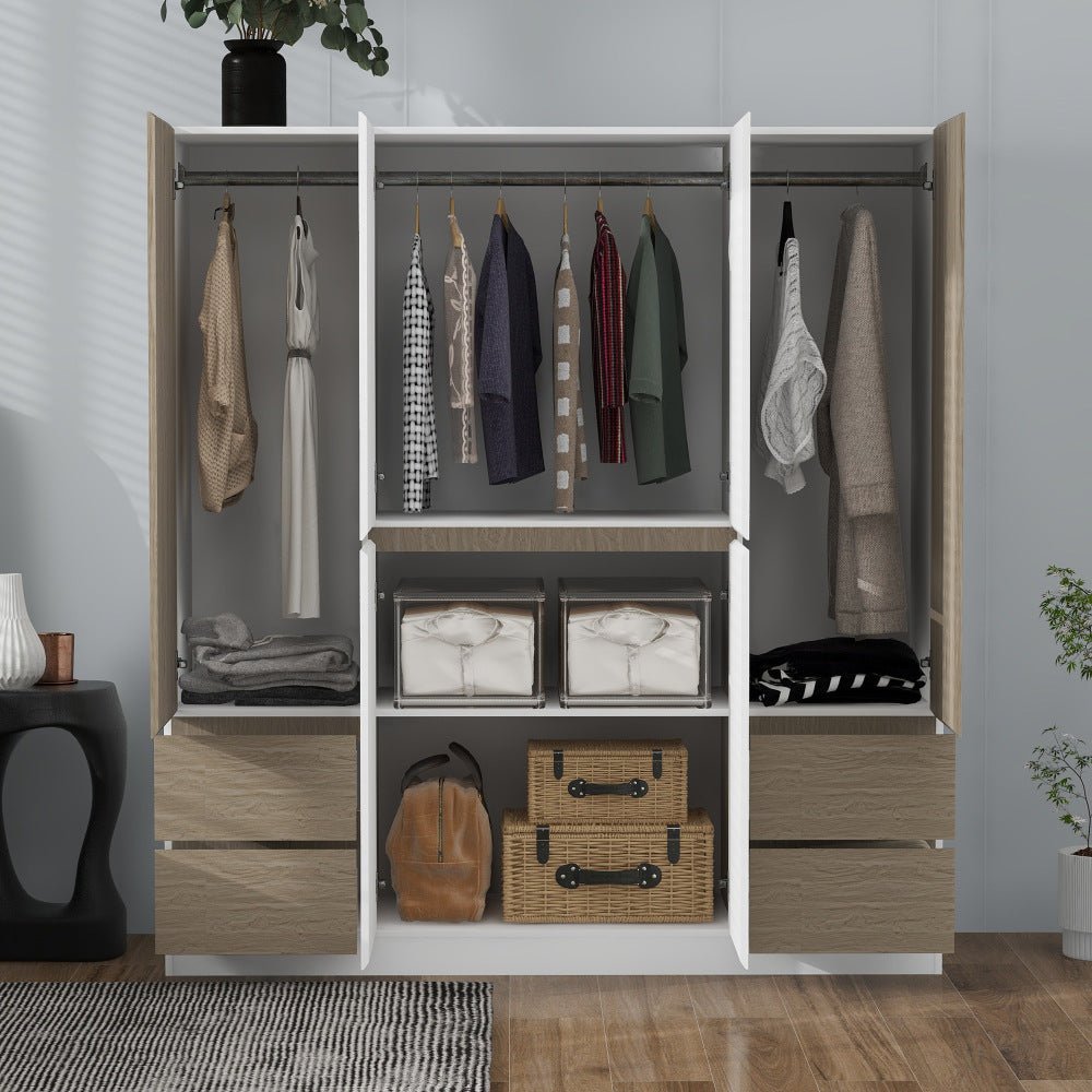 6 doors wooden wardrobe storage for bedroom,with 4 drawers,white+nature