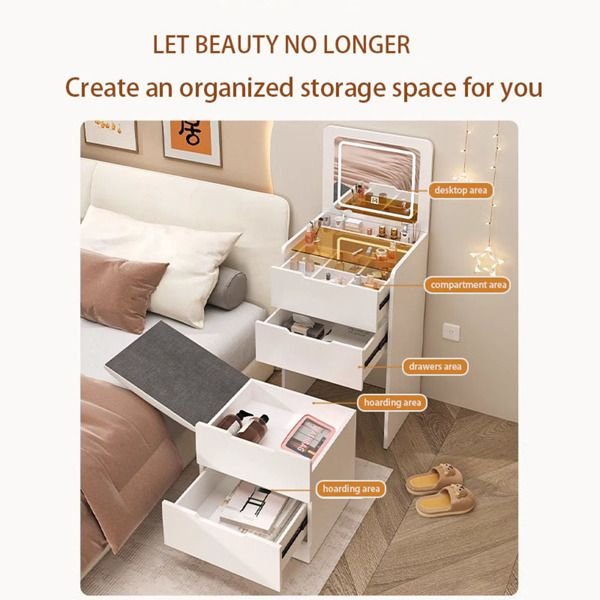 3 in 1 small bedroom makeup vanity set flip mirror light 3 color lighting visible glass tabletop 3 drawer storage bench for