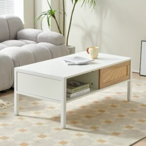 40.16" wooden coffee table sliding door for storage metal legs modern table for living room , white
