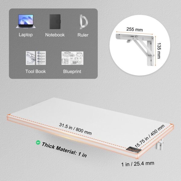 31.5" x 15.75" wall mounted folding table white floating desk iron bracket for small spaces home office dining laundry