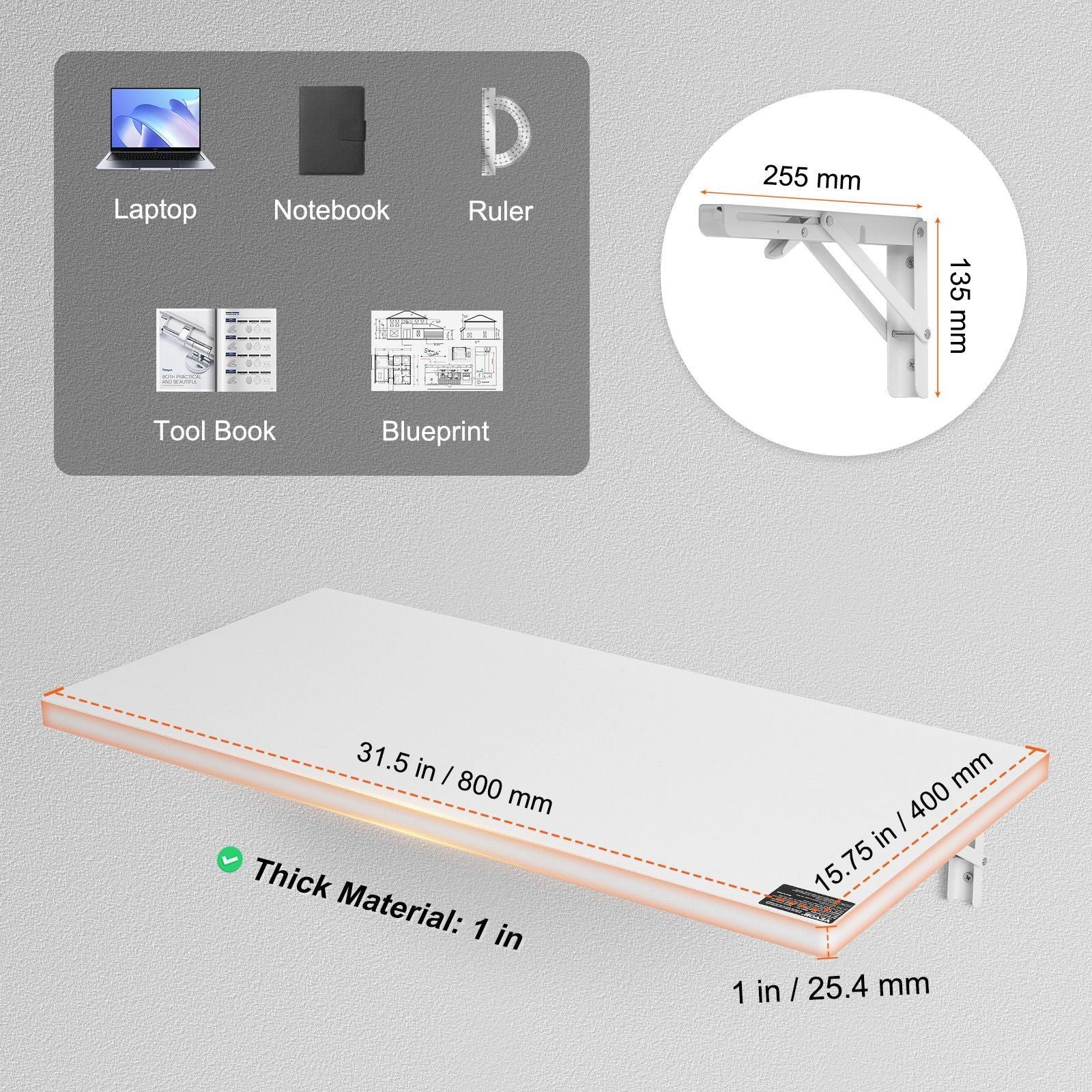 31.5" x 15.75" wall mounted folding table white floating desk iron bracket for small spaces home office dining laundry