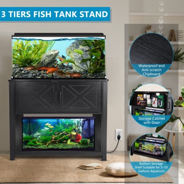 40 gallon tank stand with cabinet and power outlets, heavy duty metal aquarium stand for 40 50 gallon breeder tank, black