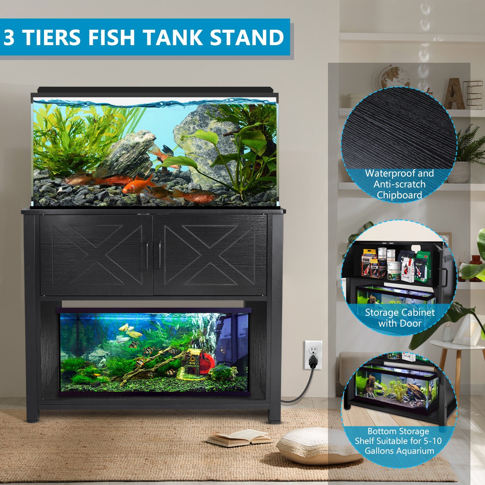 40 gallon tank stand with cabinet and power outlets, heavy duty metal aquarium stand for 40 50 gallon breeder tank, black