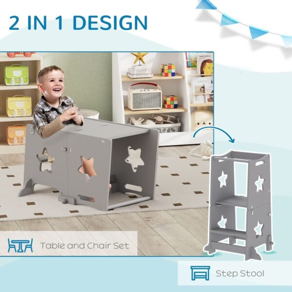 2 in 1 gray toddler tower with safety rail for bathroom sink kitchen counter or ottomans for multiple uses