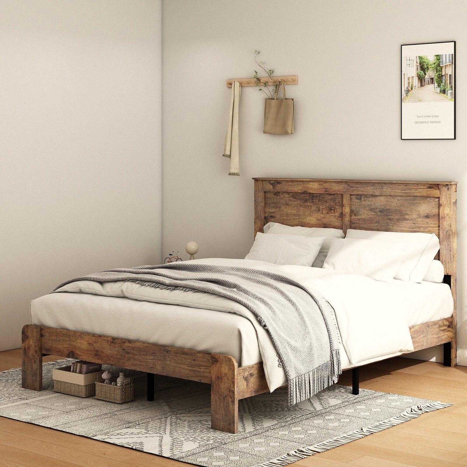 dark brown king size wood platform bed frame noise free with large storage easy assembly without box spring needed