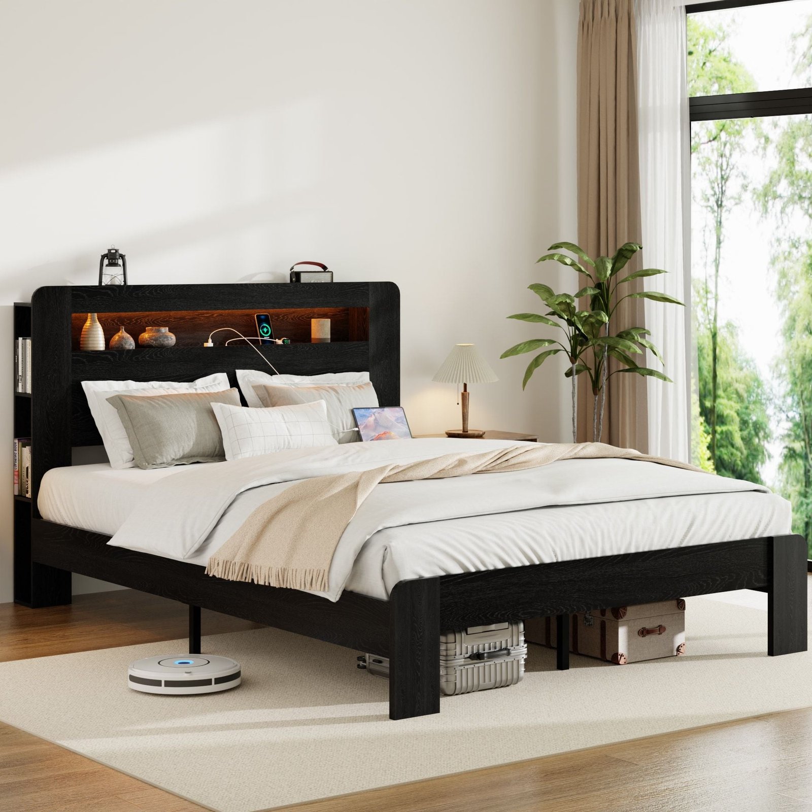 dark black queen size wood platform bed frame led light headboard usb ports no box spring needed easy assembly large storage