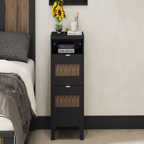 2 drawer black farmhouse nightstand with wooden strip decoration metal handle wood side table for bedroom storage cabinet