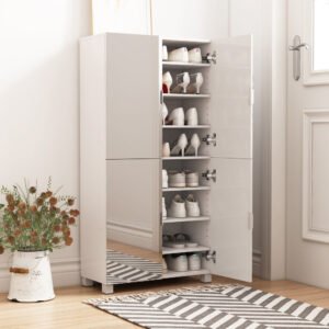 8 tier shoe storage cabinet with mirror door, 32 pair shoe organizer shelves for closet hallway bedroom entryway, white
