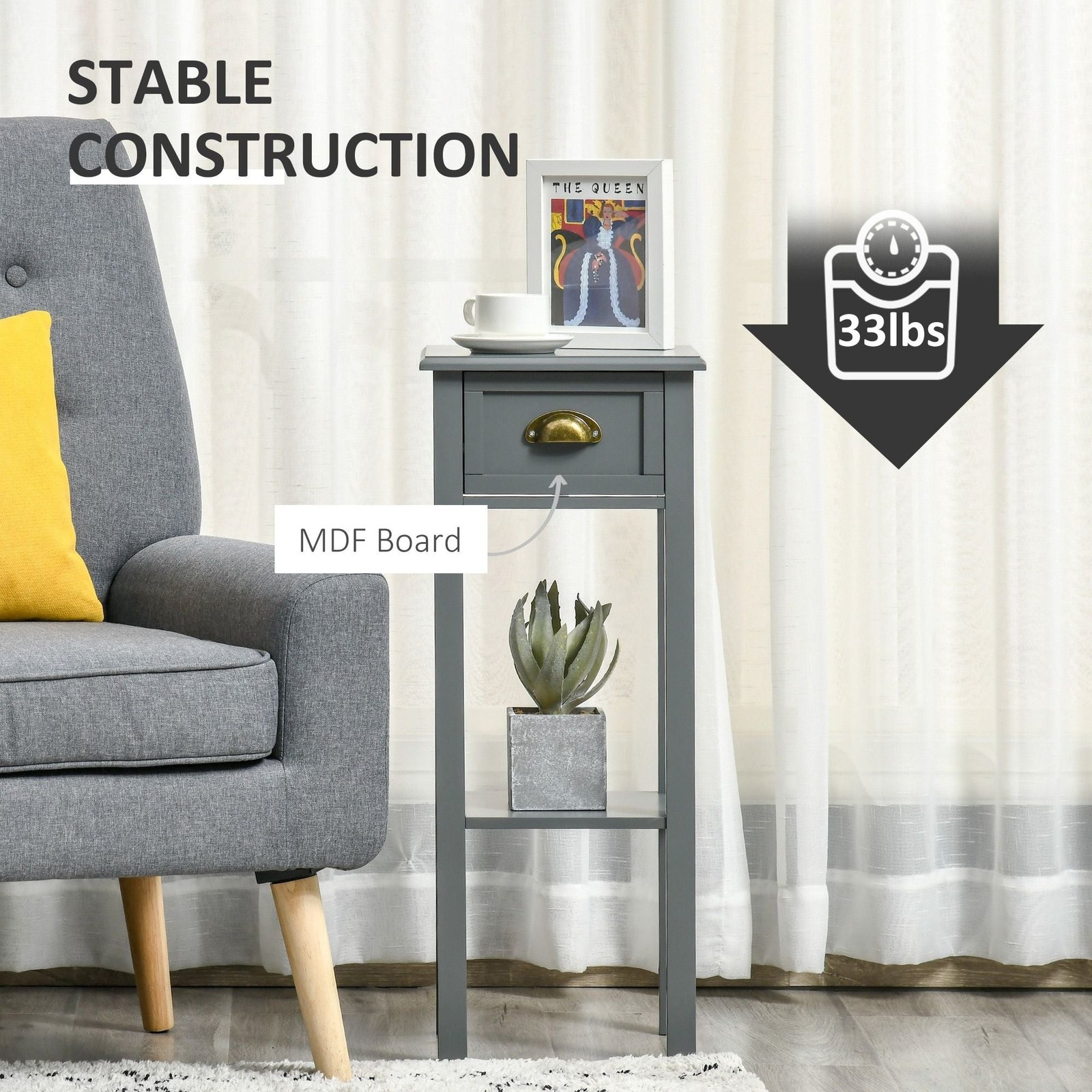 2 tier gray tall side table with drawer bottom shelf narrow accent night stand space saving for living room bedroom