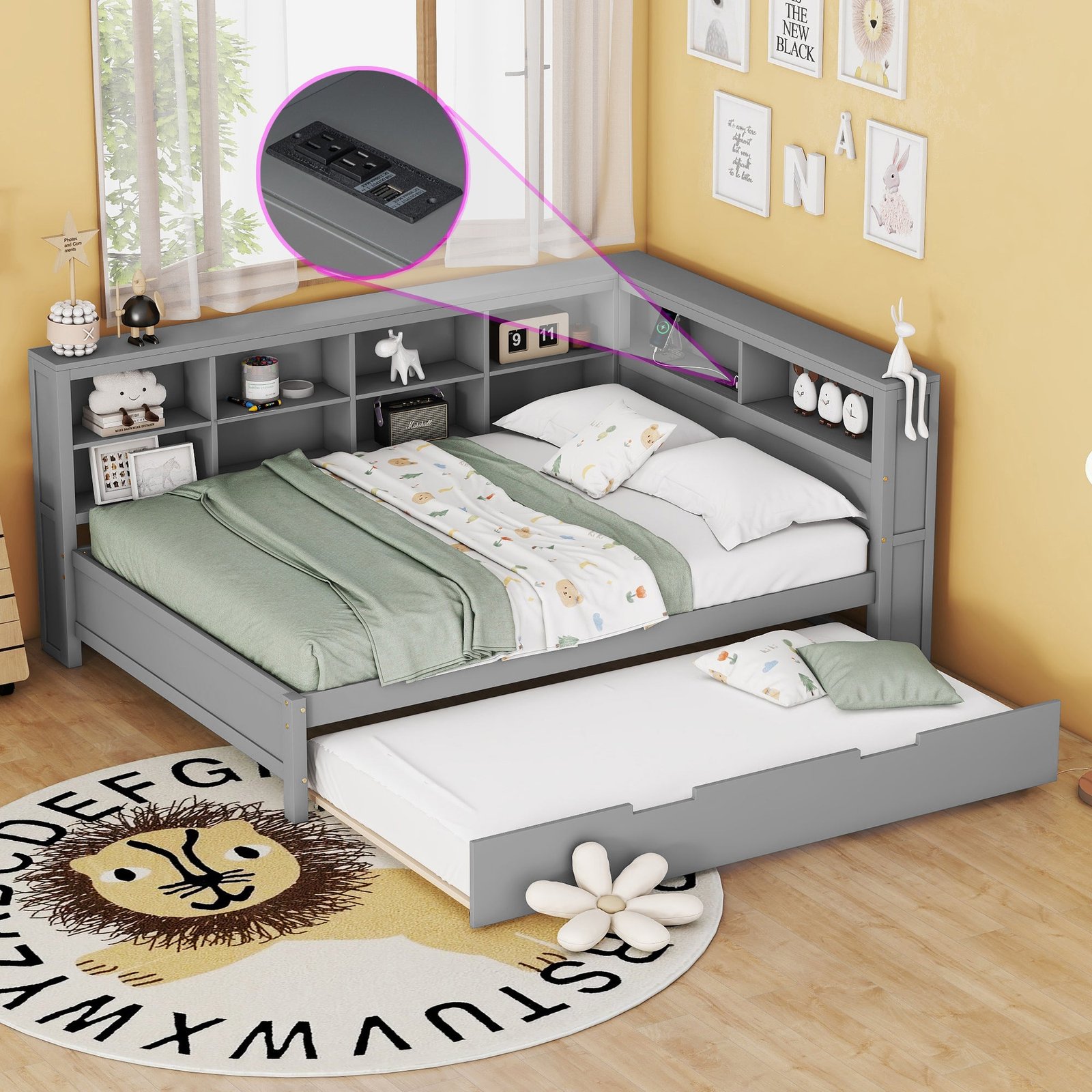 wooden full size daybed with twin size trundle, daybed with storage shelf and usb charging ports,grey