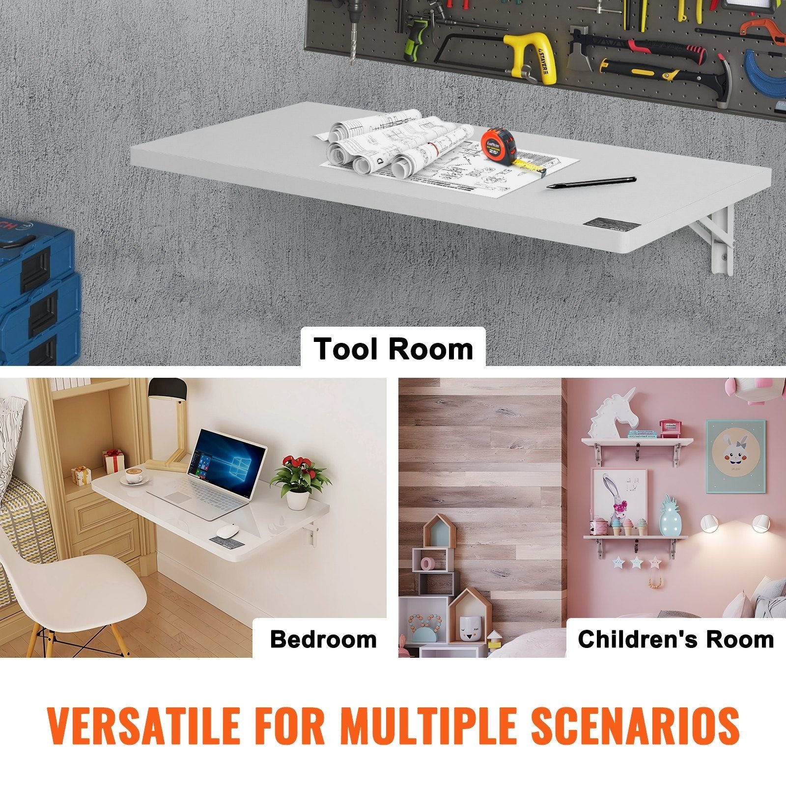 31.5" x 15.75" wall mounted folding table white floating desk iron bracket for small spaces home office dining laundry