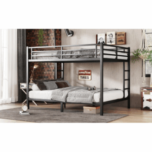 black fcj metal queen over queen bunk bed for teens adults space saving noise reduced design no box spring needed iron frame
