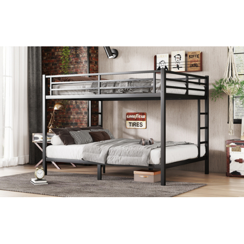 black fcj metal queen over queen bunk bed for teens adults space saving noise reduced design no box spring needed iron frame