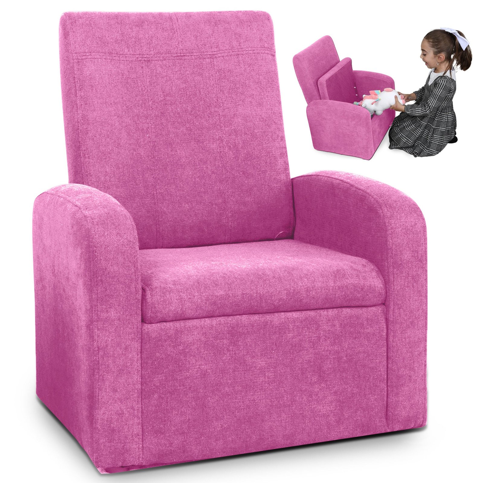 hms kids comfortable pink upholstered recliner chair with storage for living room