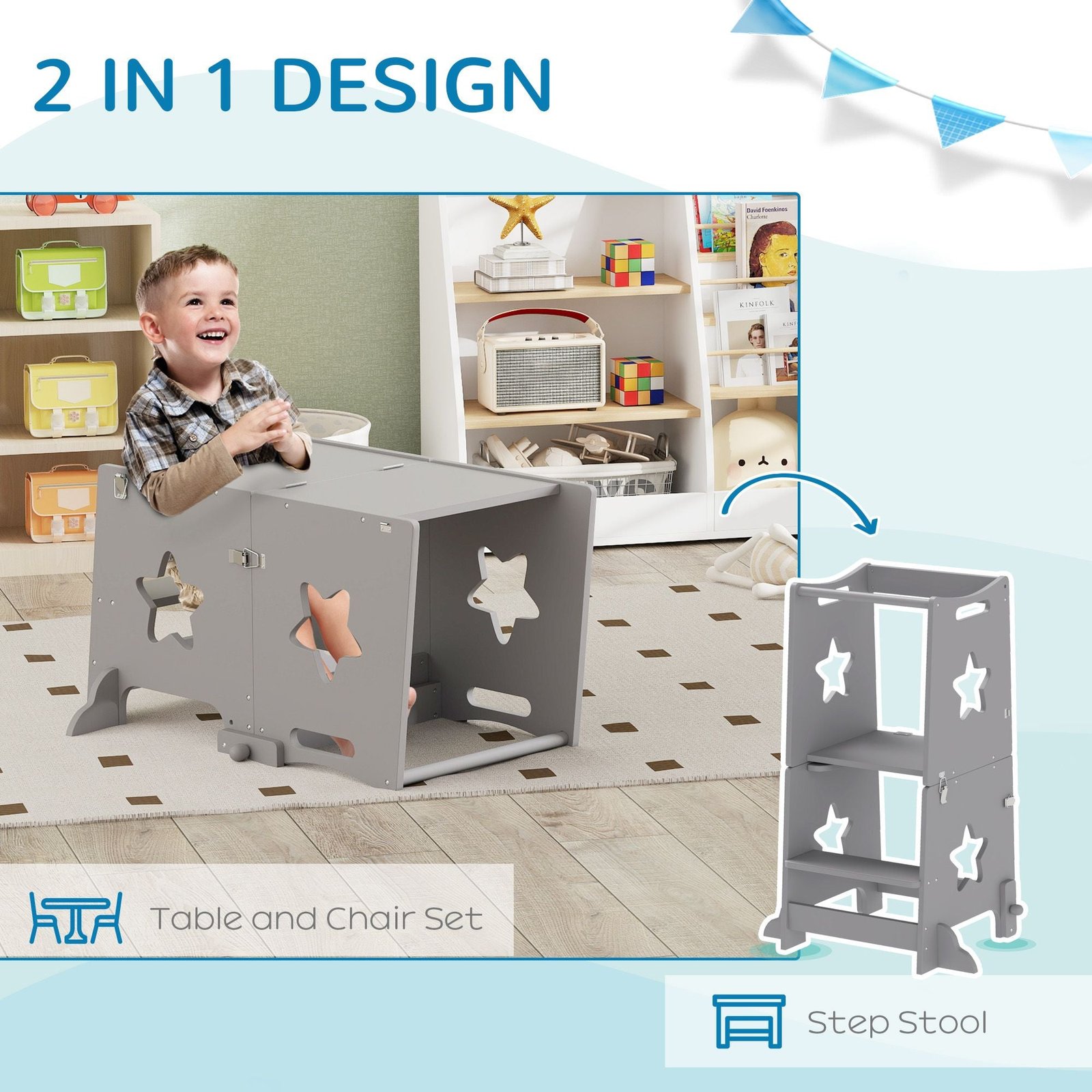 2 in 1 gray toddler tower with safety rail for bathroom sink kitchen counter or ottomans for multiple uses