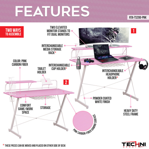techni sport ts 200 carbon modern design computer gaming desk with shelving for home office bedroom or living room fcj
