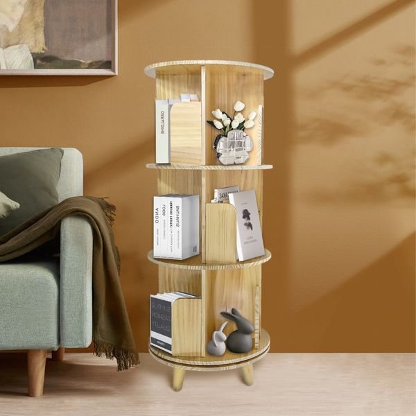3 layer 360 rotation pine wood bookcase display rack and bookshelf