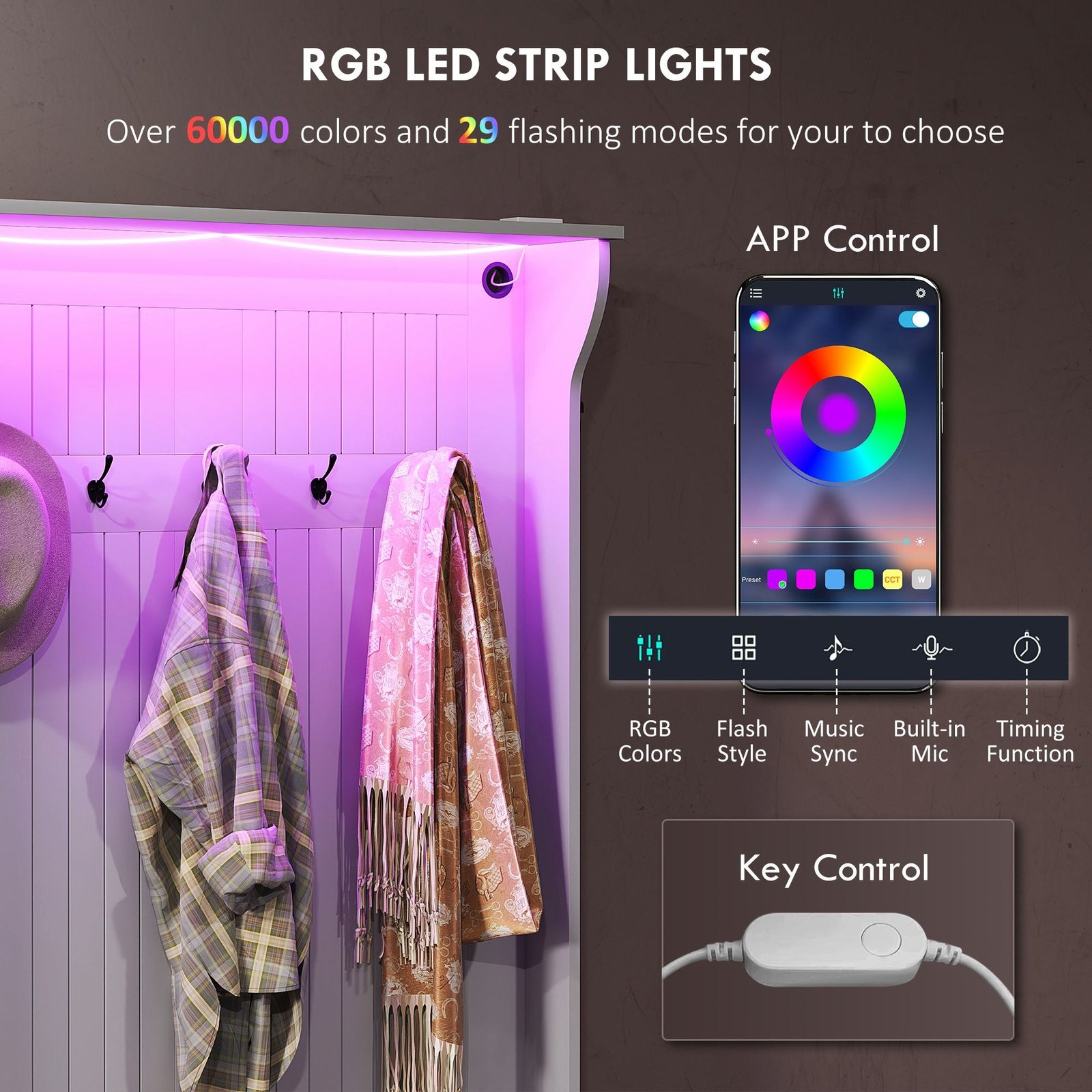 3 in 1 gray entryway hall tree with led lights bench shoe storage 5 coat racks
