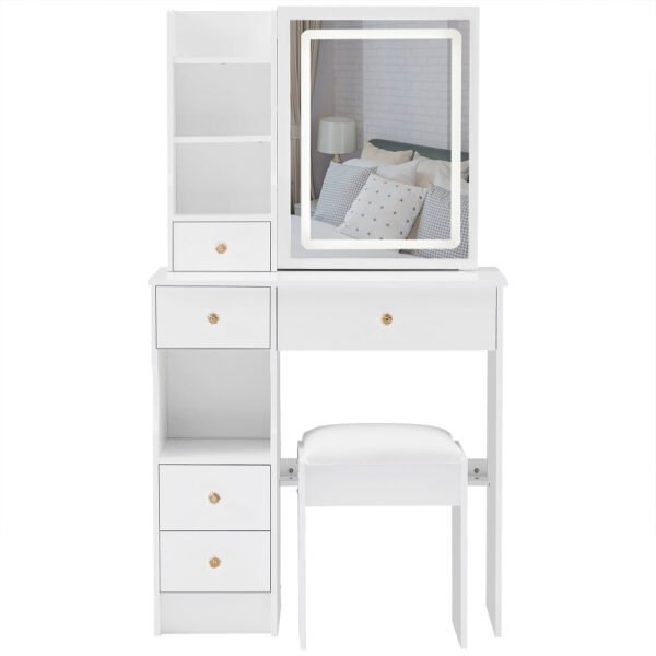29.2" small size left drawer desktop vanity table + cushioned stool, large sliding, touch control, tri color switching