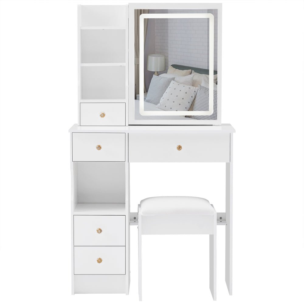 29.2" small size left drawer desktop vanity table + cushioned stool, large sliding, touch control, tri color switching